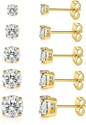 MDFUN 5 Pairs Stud Earrings Sets 3-7MM 18K Gold Plated Round/Cushion/Asscher/Emerald Cut Cubic Zirconia Earring Hypoallergenic Stud Earrings for Women Men