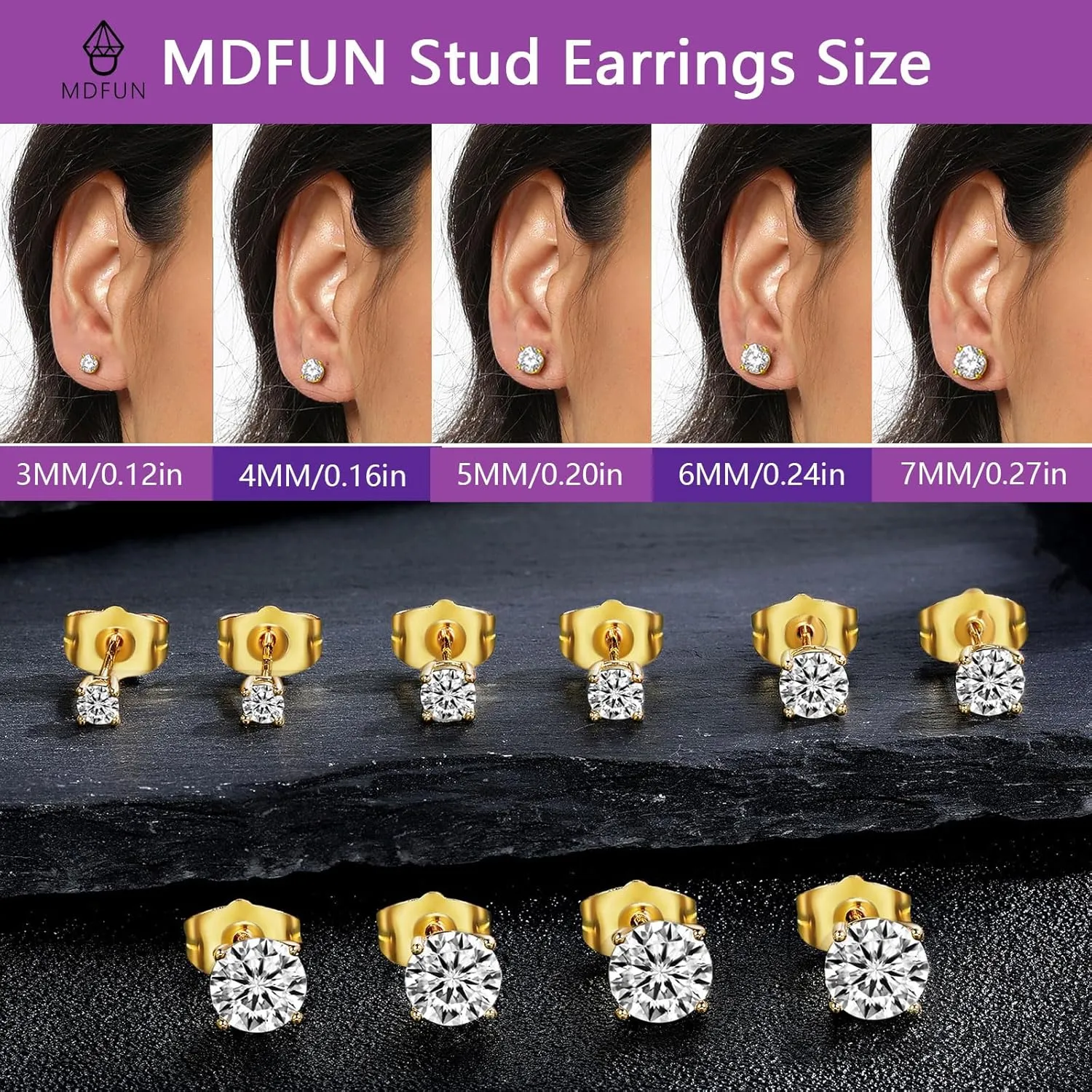 MDFUN 5 Pairs Stud Earrings Sets 3-7MM 18K Gold Plated Round/Cushion/Asscher/Emerald Cut Cubic Zirconia Earring Hypoallergenic Stud Earrings for Women Men