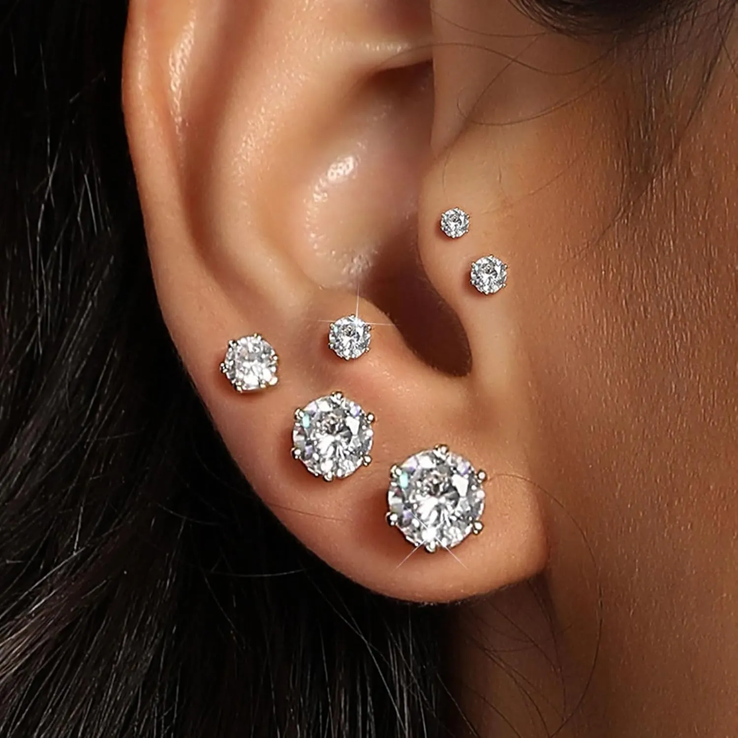 MDFUN 6 Pairs Stud Earrings Sets 3-8MM 18K Gold Plated Round 5A  Cubic Zirconia Earrings Hypoallergenic CZ 6 Prong Ears Jewelry for Women