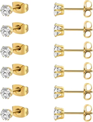 MDFUN 6 Pairs Stud Earrings Sets 3-8MM 18K Gold Plated Round 5A  Cubic Zirconia Earrings Hypoallergenic CZ 6 Prong Ears Jewelry for Women