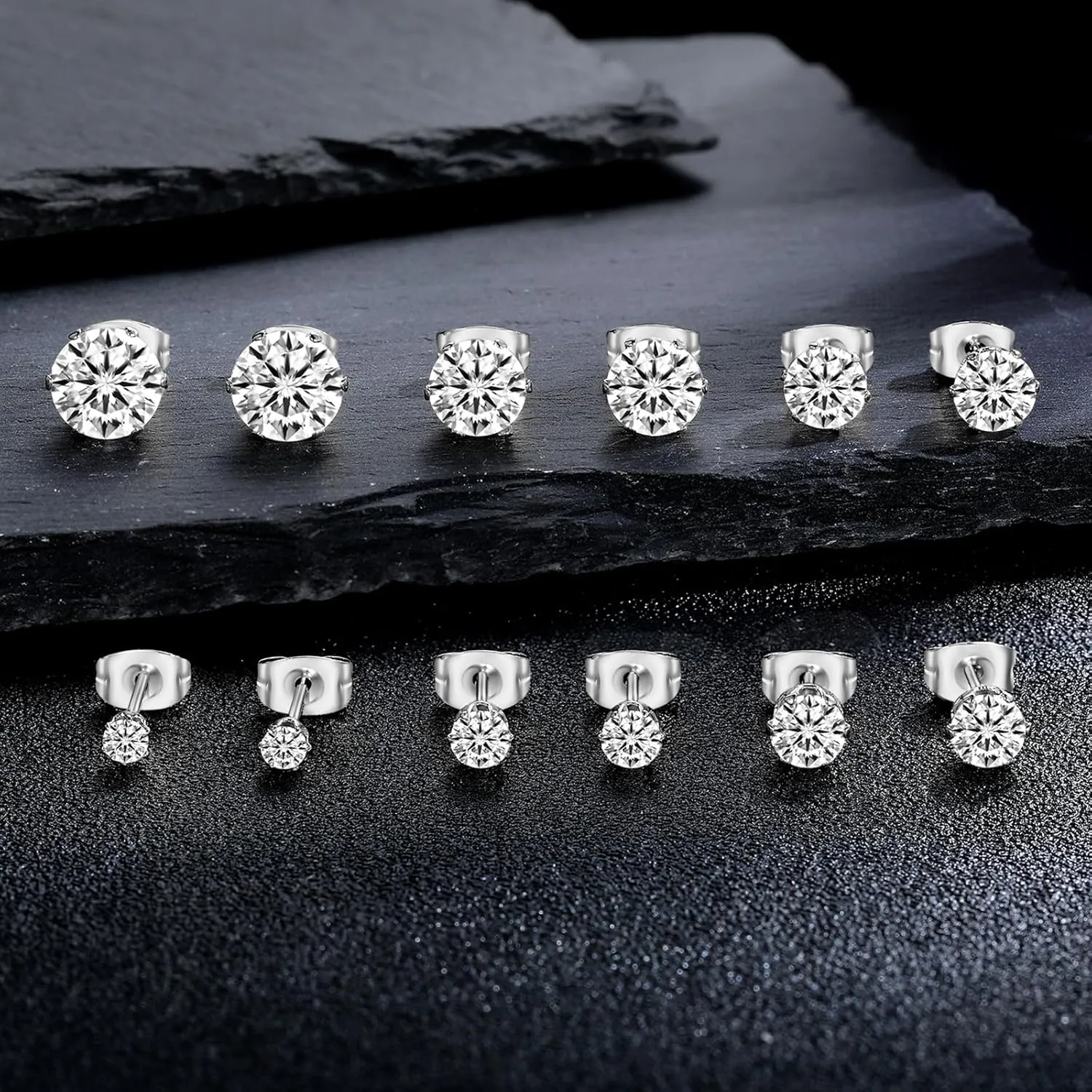 MDFUN 6 Pairs Stud Earrings Sets 3-8MM 18K Gold Plated Round 5A  Cubic Zirconia Earrings Hypoallergenic CZ 6 Prong Ears Jewelry for Women