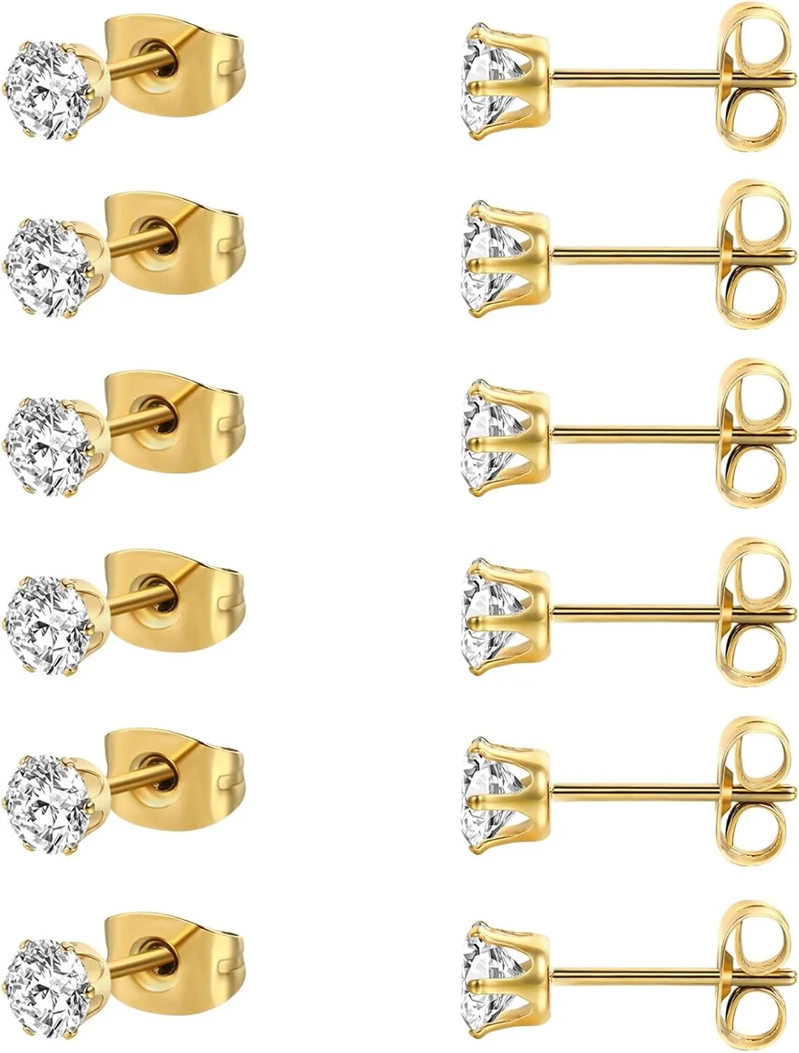 MDFUN 6 Pairs Stud Earrings Sets 3-8MM 18K Gold Plated Round 5A  Cubic Zirconia Earrings Hypoallergenic CZ 6 Prong Ears Jewelry for Women