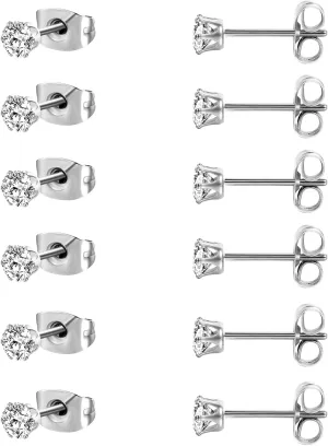 MDFUN 6 Pairs Stud Earrings Sets 3-8MM 18K Gold Plated Round 5A  Cubic Zirconia Earrings Hypoallergenic CZ 6 Prong Ears Jewelry for Women