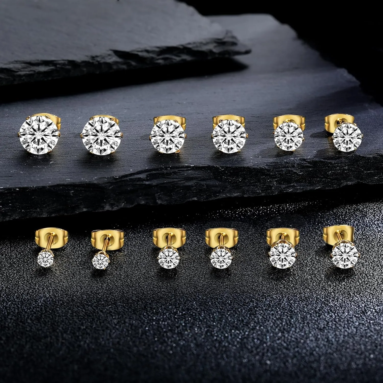 MDFUN 6 Pairs Stud Earrings Sets 3-8MM 18K Gold Plated Round 5A  Cubic Zirconia Earrings Hypoallergenic CZ 6 Prong Ears Jewelry for Women