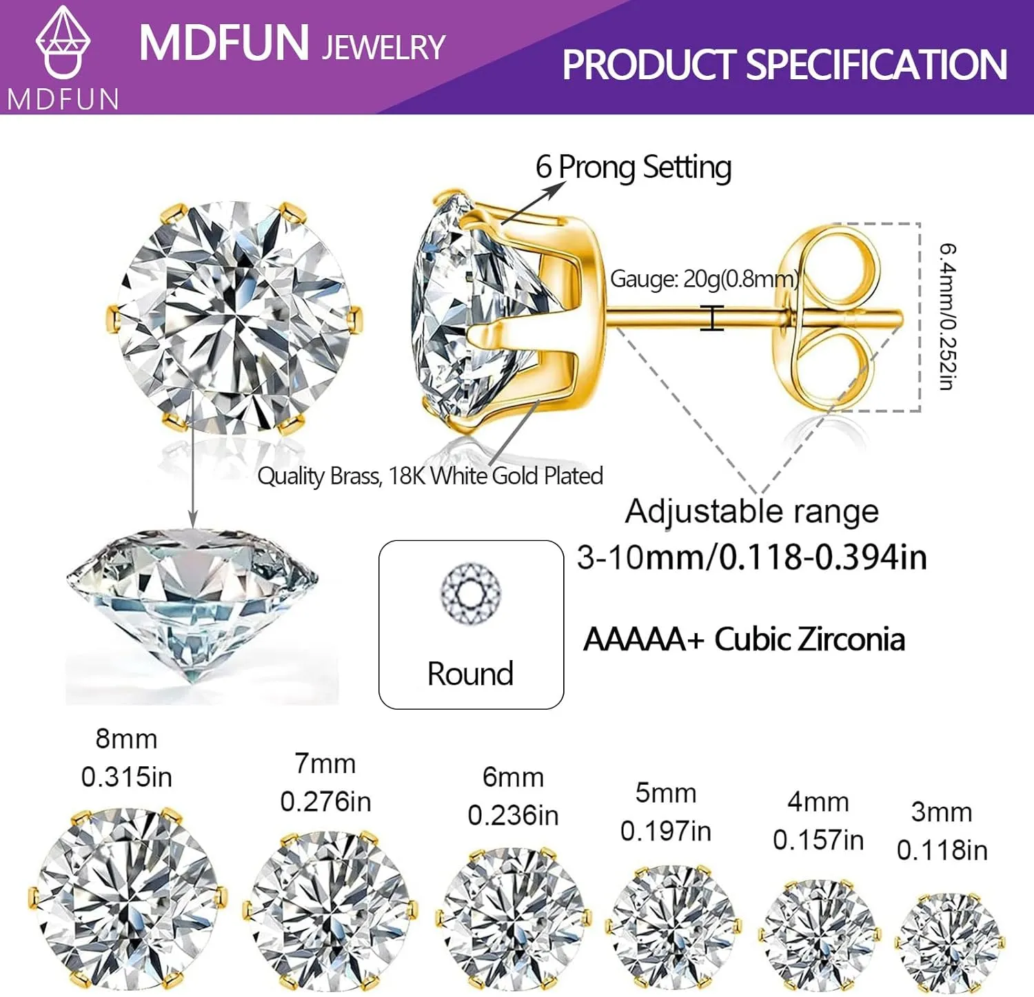 MDFUN 6 Pairs Stud Earrings Sets 3-8MM 18K Gold Plated Round 5A  Cubic Zirconia Earrings Hypoallergenic CZ 6 Prong Ears Jewelry for Women