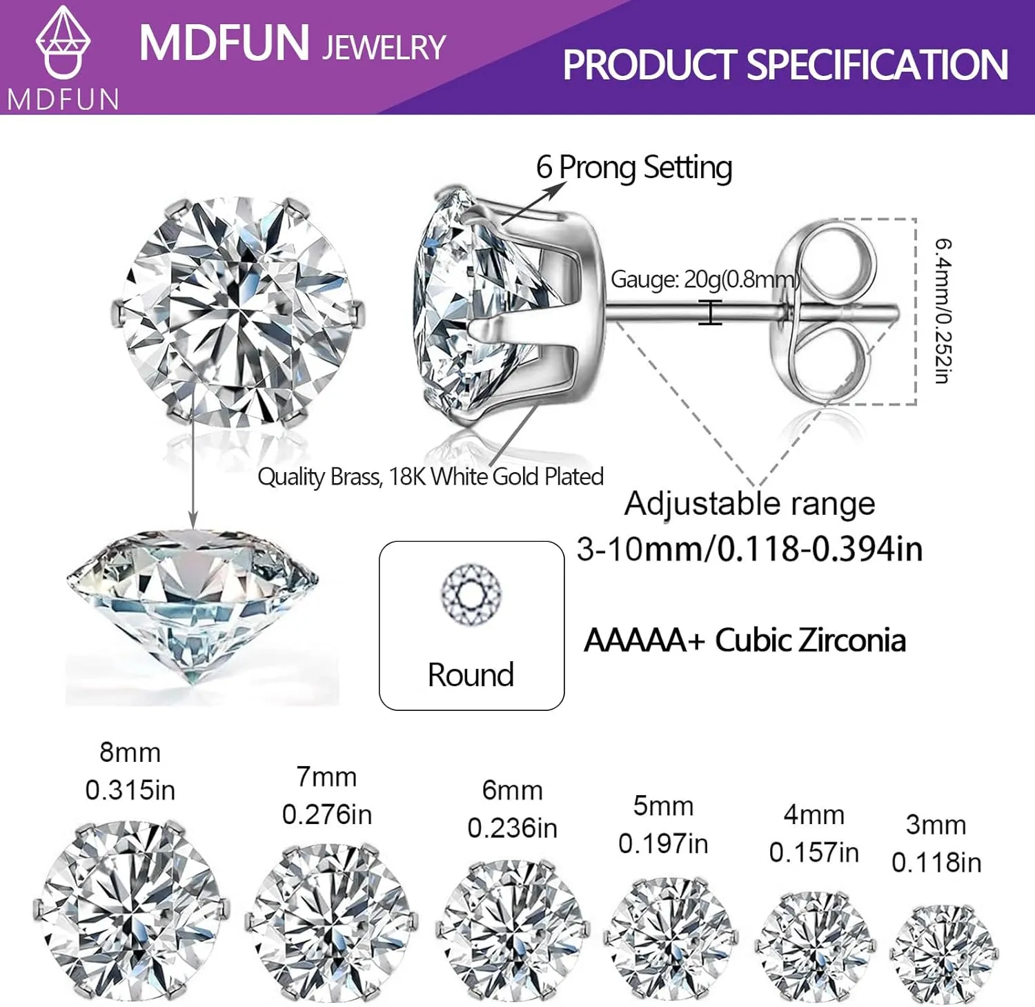 MDFUN 6 Pairs Stud Earrings Sets 3-8MM 18K Gold Plated Round 5A  Cubic Zirconia Earrings Hypoallergenic CZ 6 Prong Ears Jewelry for Women