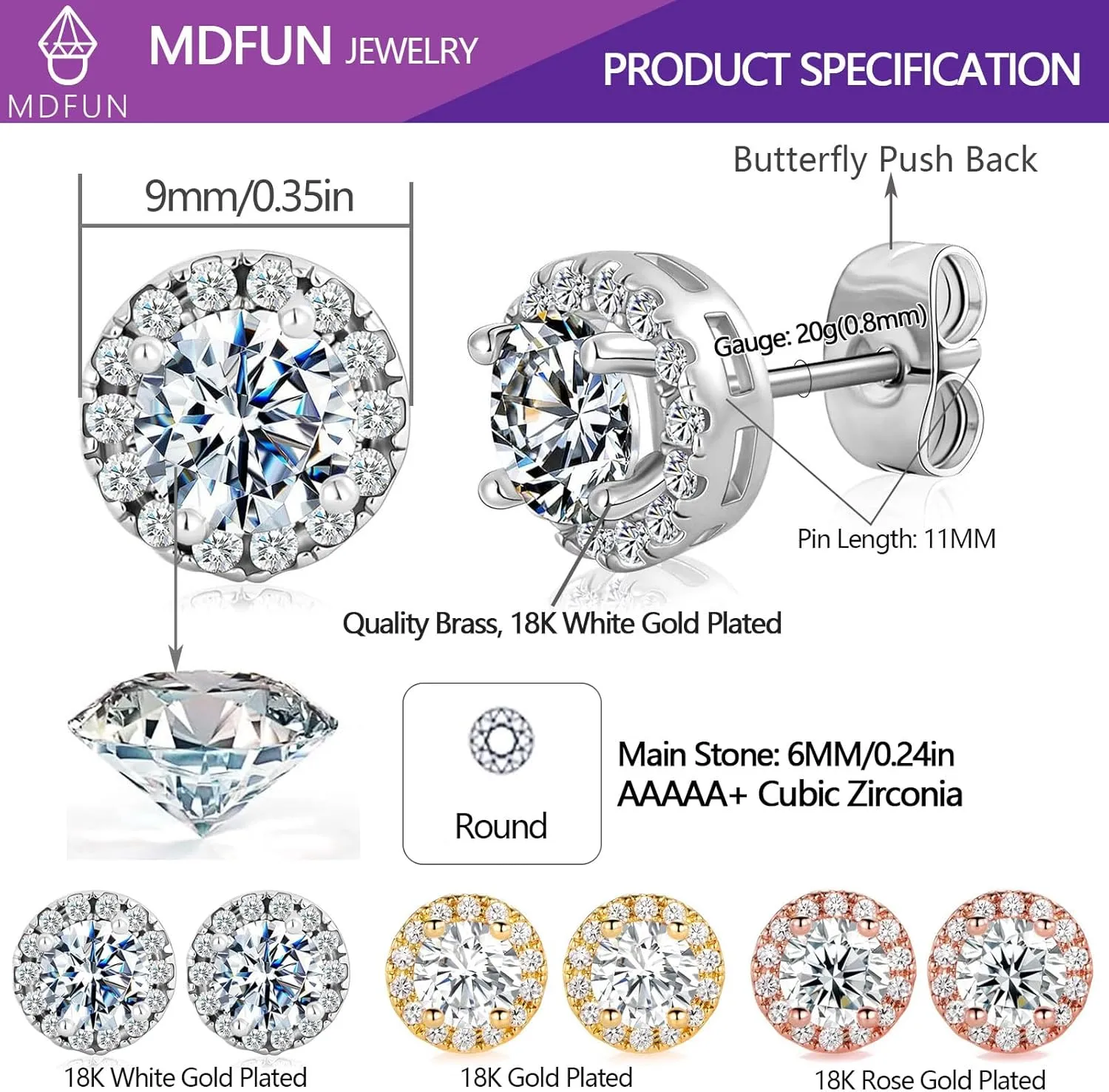 MDFUN Halo Stud Earrings 18K Gold Plated 5A  Cubic Zirconia Round Earrings Hypoallergenic Ears Jewelry for Women Men