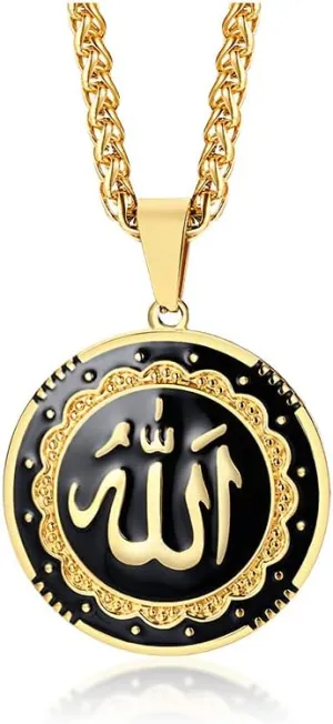 MEALGUET Allah Medallion Necklace, Stainless Steel Islamic Jewelry,Arabic Jewelry,Allah Name of God Round Pendant Necklace for Women and Men with Agate Beaded Chain, Muslim Gift Jewelry, Gift