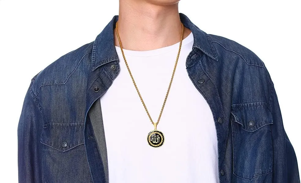 MEALGUET Allah Medallion Necklace, Stainless Steel Islamic Jewelry,Arabic Jewelry,Allah Name of God Round Pendant Necklace for Women and Men with Agate Beaded Chain, Muslim Gift Jewelry, Gift