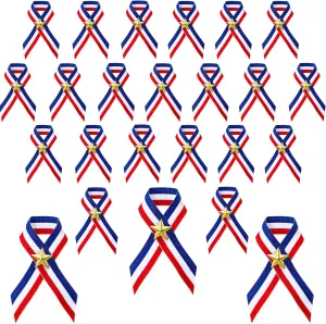 Memorial Day Patriotic Ribbon Pins with Gold Star American Flag Pins Patriotic Veterans Day Decorations American Flag Ribbon Pin for Holiday Seasons Party Supplies, Red, White and Blue(30 Pcs)