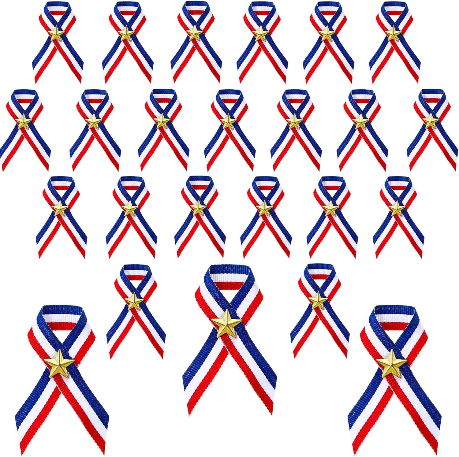 Memorial Day Patriotic Ribbon Pins with Gold Star American Flag Pins Patriotic Veterans Day Decorations American Flag Ribbon Pin for Holiday Seasons Party Supplies, Red, White and Blue(30 Pcs)