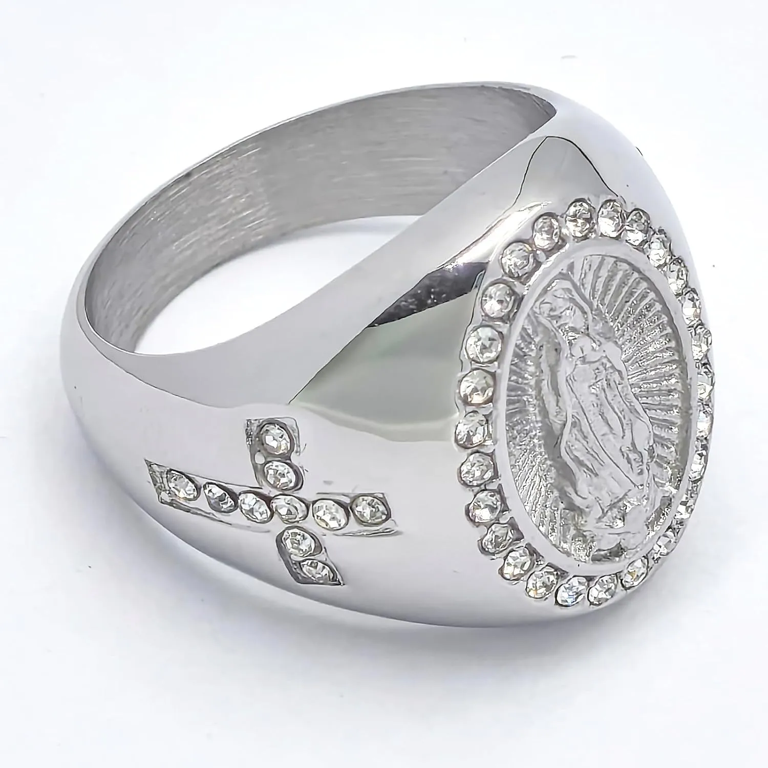 Men's Gold Plating Cubic Zirconia Our Lady of Guadalupe Virgin Mary Ring Religious Ring Size 7-13