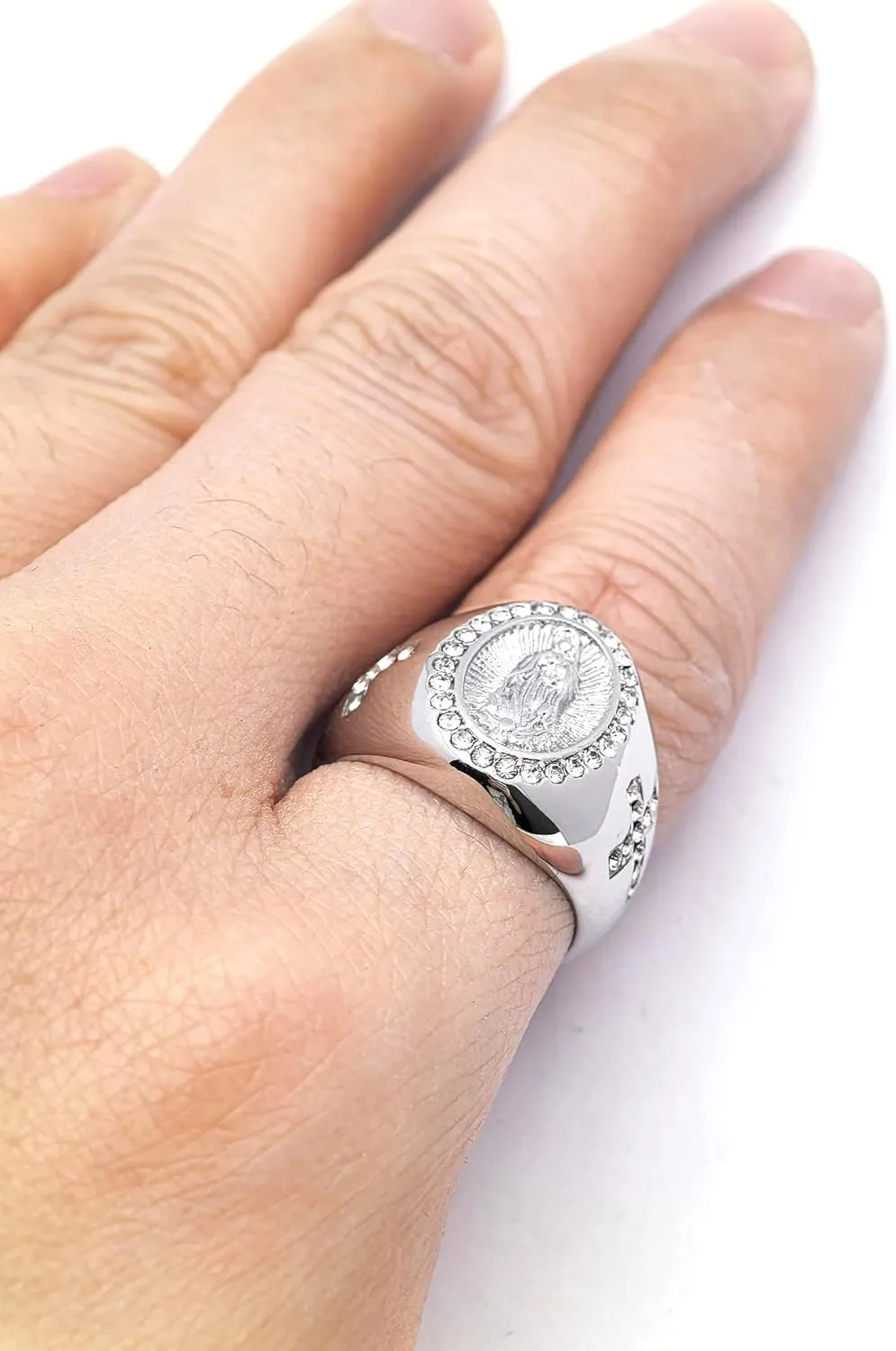 Men's Gold Plating Cubic Zirconia Our Lady of Guadalupe Virgin Mary Ring Religious Ring Size 7-13