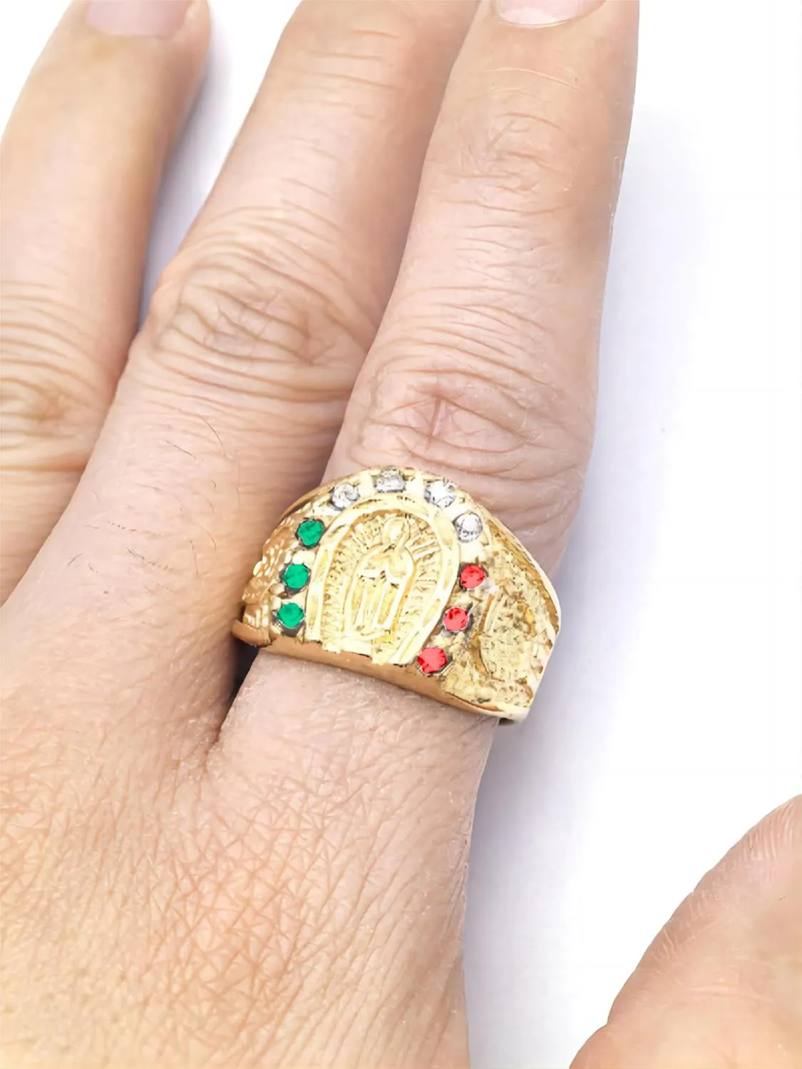 Men's Gold Plating Cubic Zirconia Our Lady of Guadalupe Virgin Mary Ring Religious Ring Size 7-13