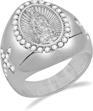 Men's Gold Plating Cubic Zirconia Our Lady of Guadalupe Virgin Mary Ring Religious Ring Size 7-13