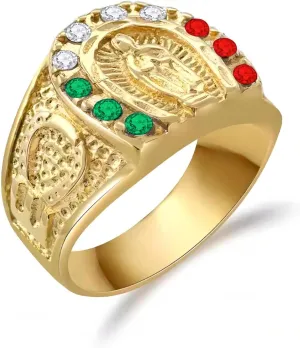 Men's Gold Plating Cubic Zirconia Our Lady of Guadalupe Virgin Mary Ring Religious Ring Size 7-13