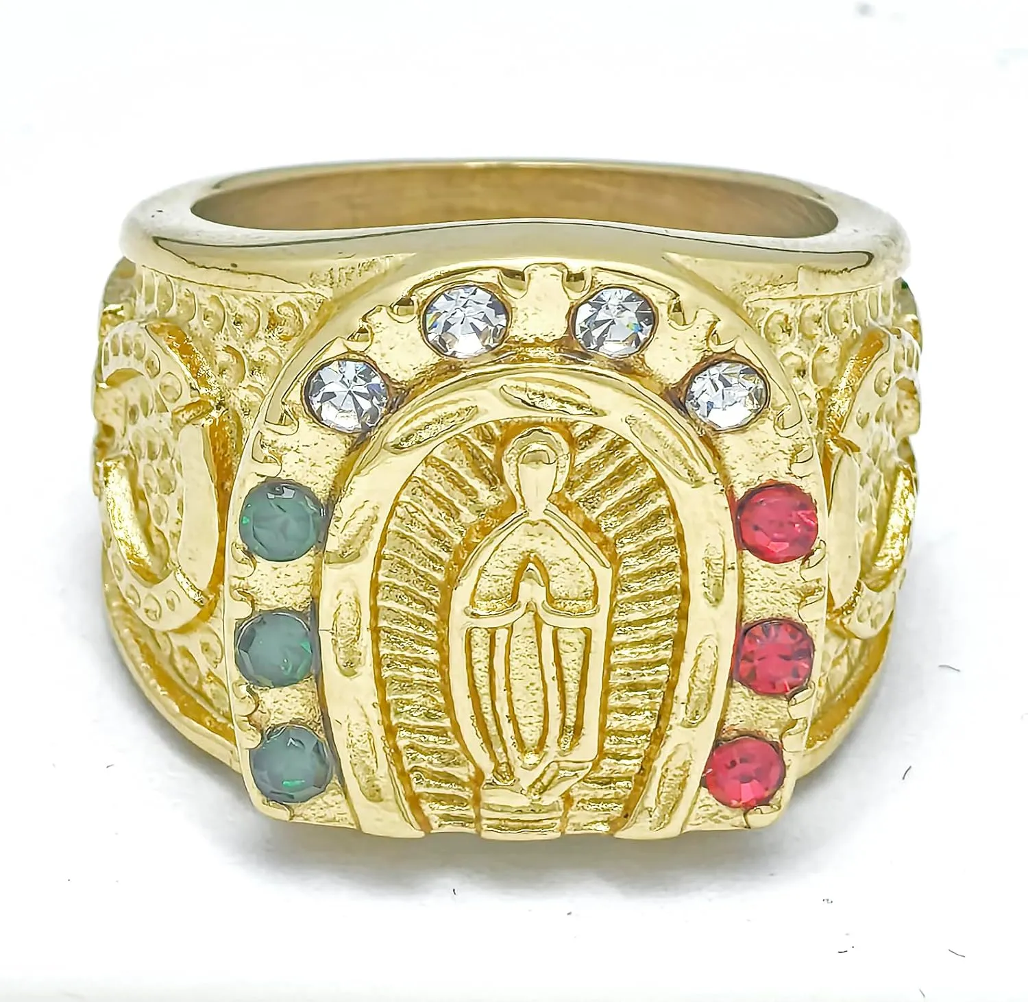 Men's Gold Plating Cubic Zirconia Our Lady of Guadalupe Virgin Mary Ring Religious Ring Size 7-13