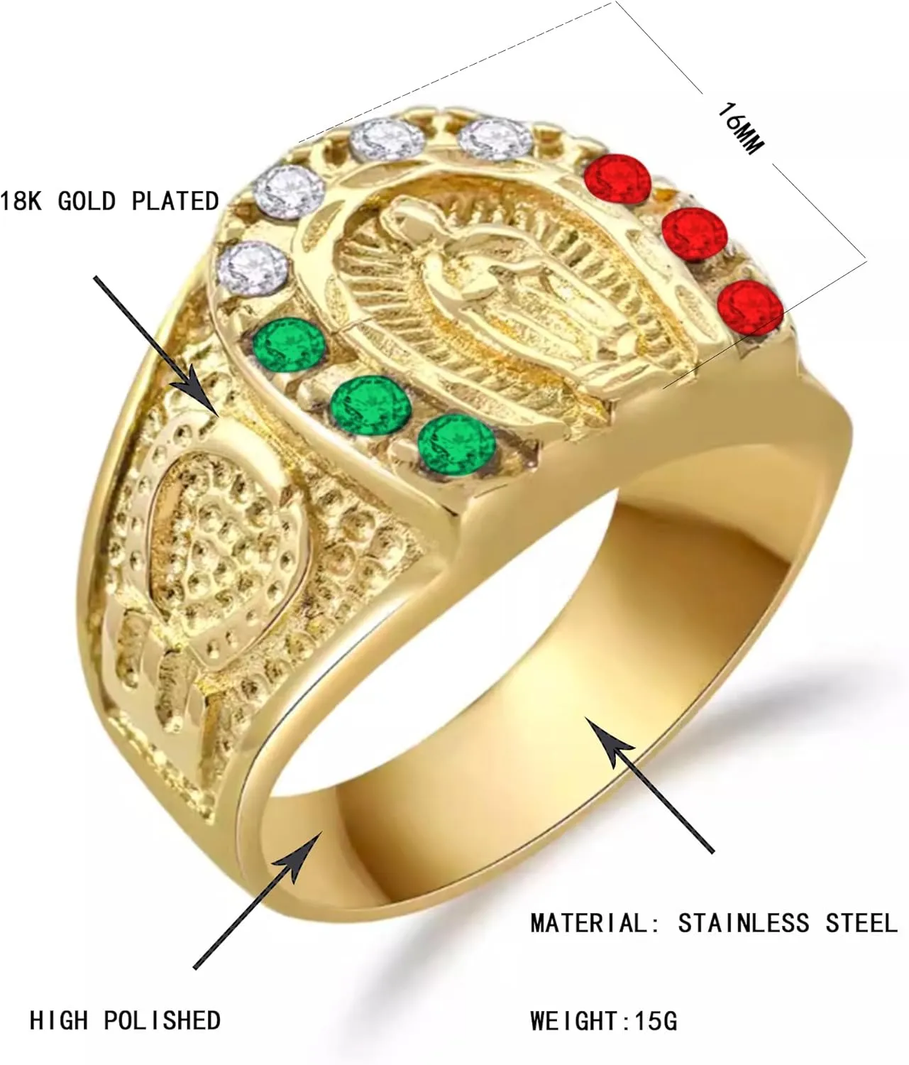 Men's Gold Plating Cubic Zirconia Our Lady of Guadalupe Virgin Mary Ring Religious Ring Size 7-13