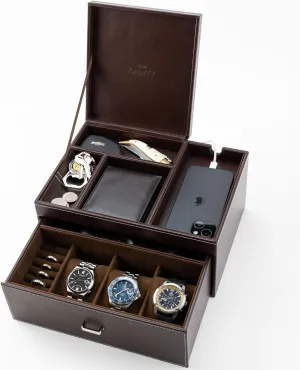 Mens Jewelry Box Organizer & Dresser Valet Tray - Premium Nightstand Station for Watches, Rings, and Accessories - Mens Dresser Top Organizer with Multiple Compartments and Soft Lining (Brown)