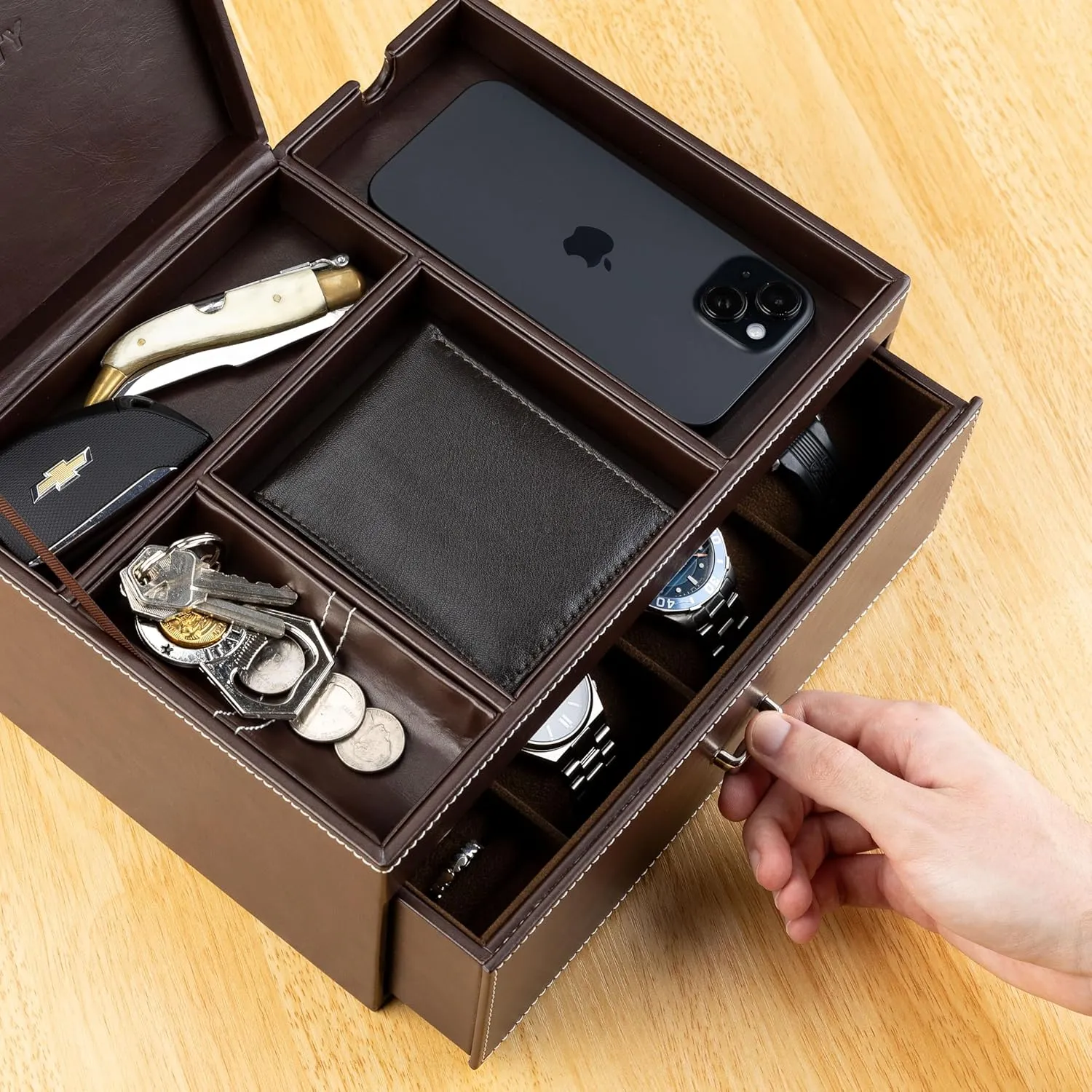 Mens Jewelry Box Organizer & Dresser Valet Tray - Premium Nightstand Station for Watches, Rings, and Accessories - Mens Dresser Top Organizer with Multiple Compartments and Soft Lining (Brown)