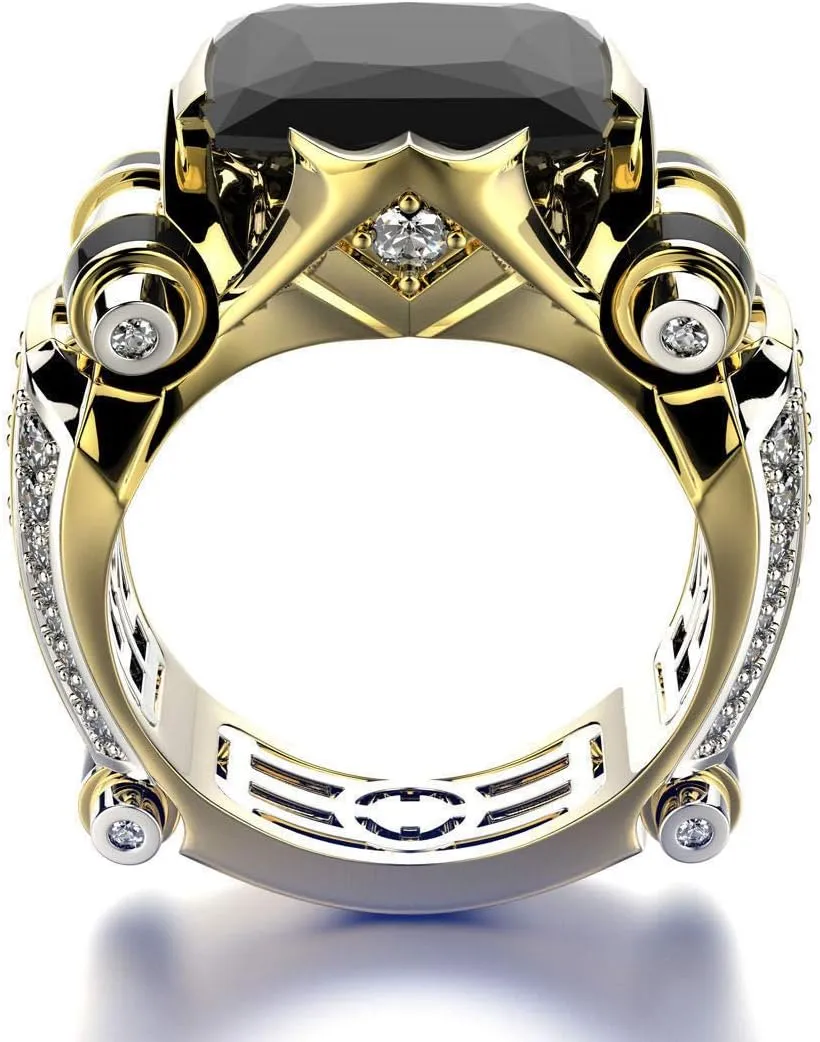 Men's Luxurious Black Onyx Ring for Men Jewelry Mens Wedding Engagement Rings 18K Gold Plated Black Gemstone Ring Square Cut Cubic Zirconia Eternity Ring Band TZ.77