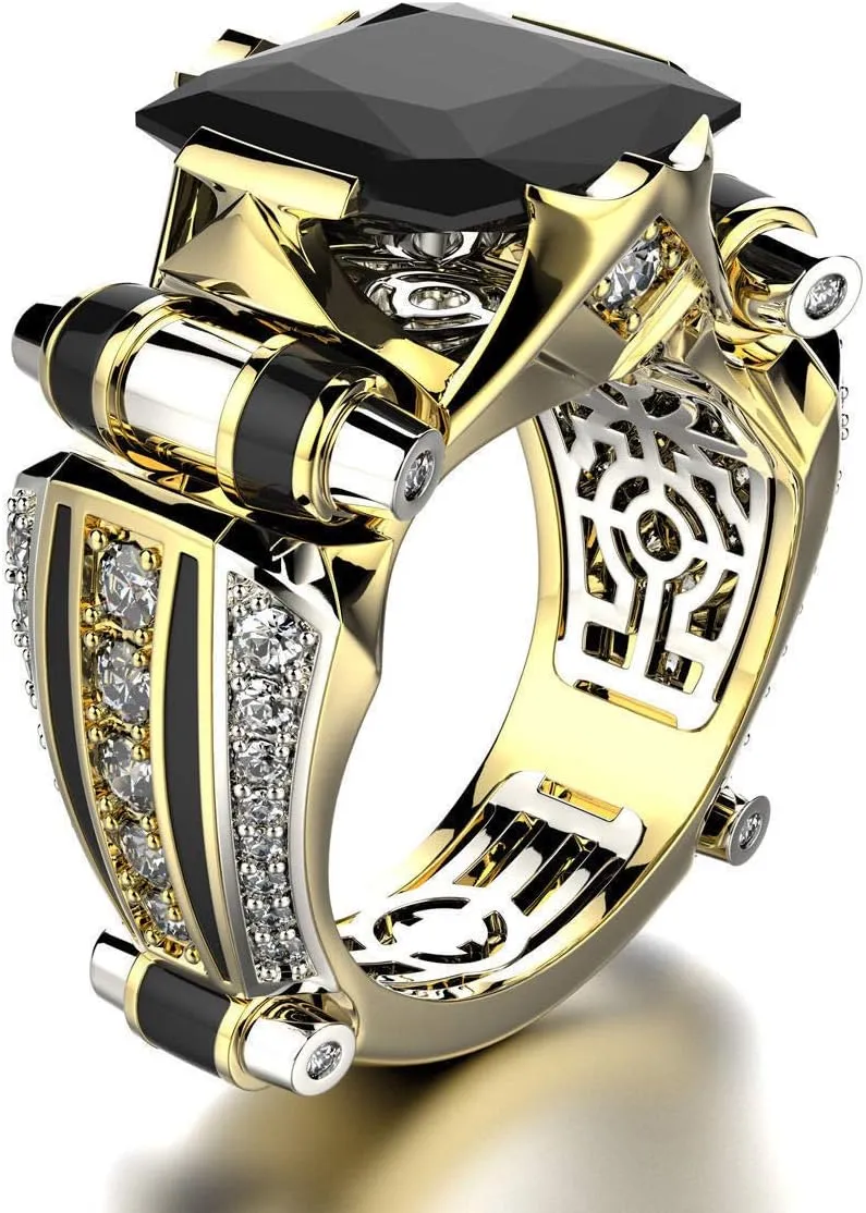 Men's Luxurious Black Onyx Ring for Men Jewelry Mens Wedding Engagement Rings 18K Gold Plated Black Gemstone Ring Square Cut Cubic Zirconia Eternity Ring Band TZ.77