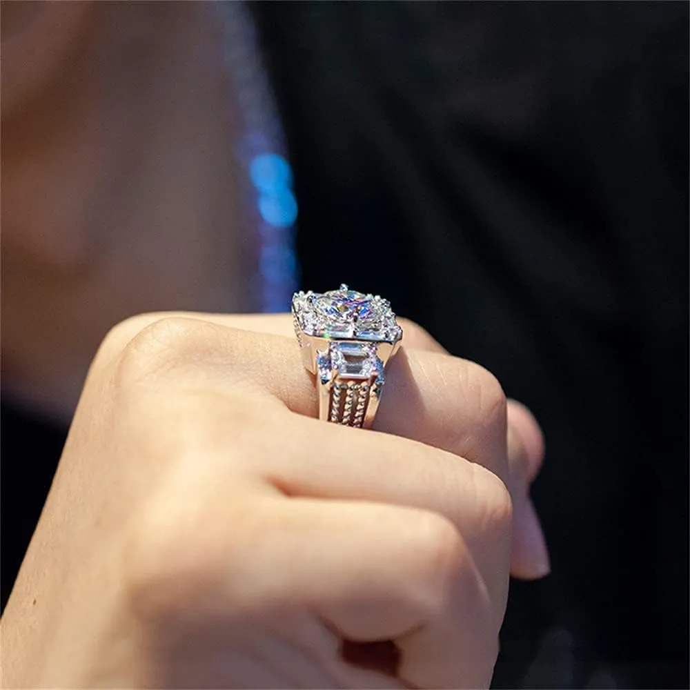 Men's Luxurious Full Diamond Ring for Men Jewelry Mens Wedding Engagement Rings 18K White Gold Cubic Zirconia 925 Sterling Silver Eternity Ring Band W.10 (US Code 11)