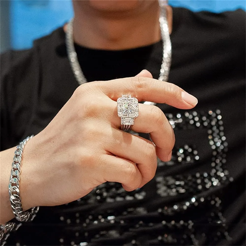 Men's Luxurious Full Diamond Ring for Men Jewelry Mens Wedding Engagement Rings 18K White Gold Cubic Zirconia 925 Sterling Silver Eternity Ring Band W.10 (US Code 11)