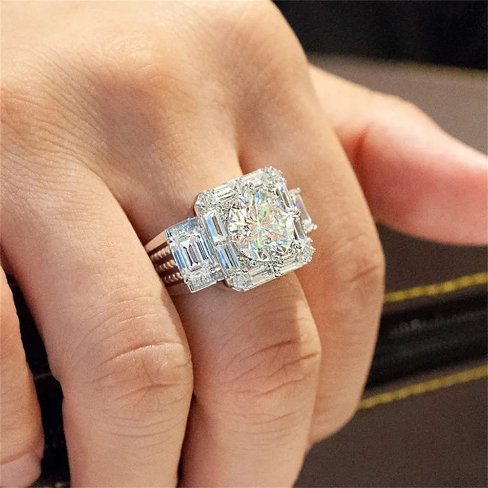 Men's Luxurious Full Diamond Ring for Men Jewelry Mens Wedding Engagement Rings 18K White Gold Cubic Zirconia 925 Sterling Silver Eternity Ring Band W.10 (US Code 11)