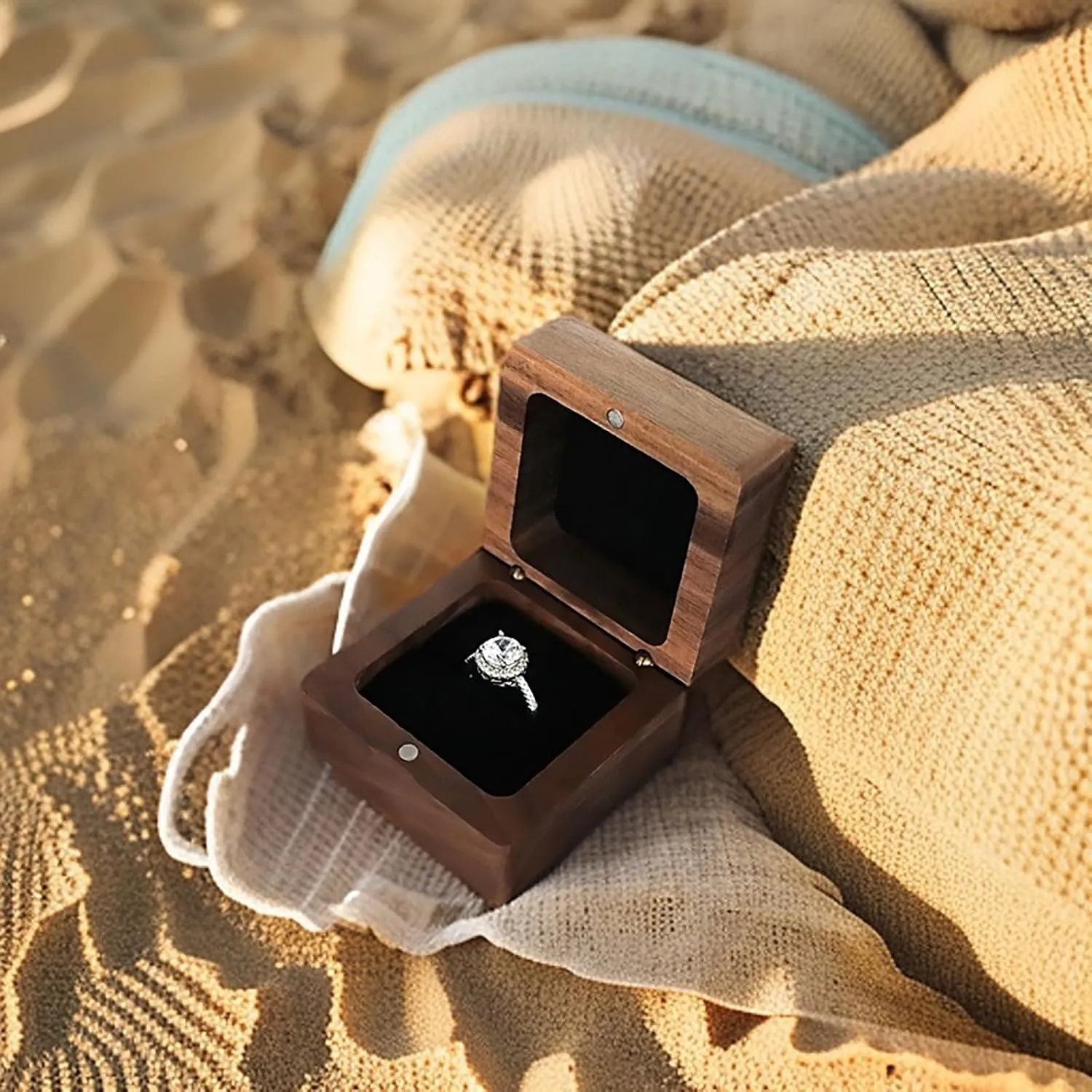 mens ring bearer holder box Single and double slots for wedding proposal engagement ceremony vintage unique square 1and2 slots small ring case low profile antique wood ringbox(Velvet black lining