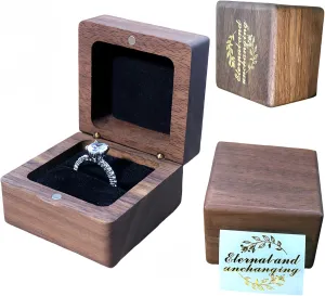 mens ring bearer holder box Single and double slots for wedding proposal engagement ceremony vintage unique square 1and2 slots small ring case low profile antique wood ringbox(Velvet black lining