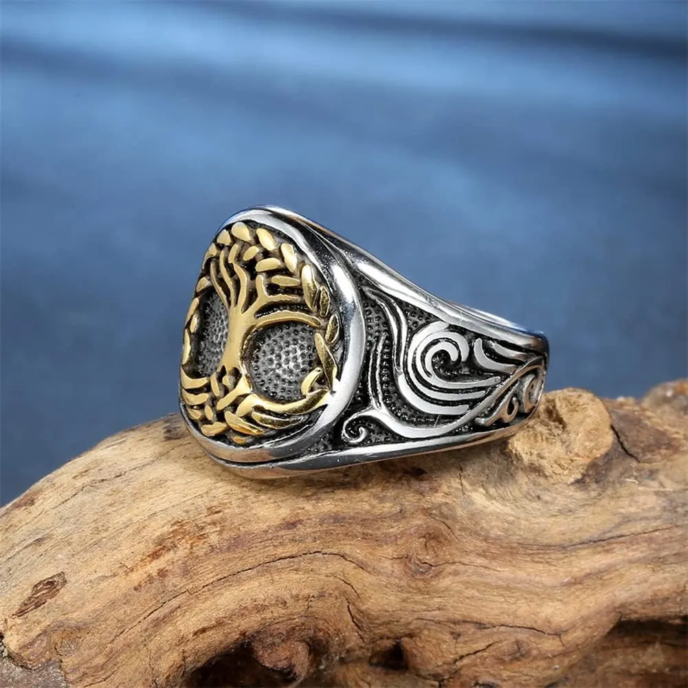 Men's Stainless Steel Vintage Tree of Life Signet Ring for Women Antique Silver Religious Jewelry