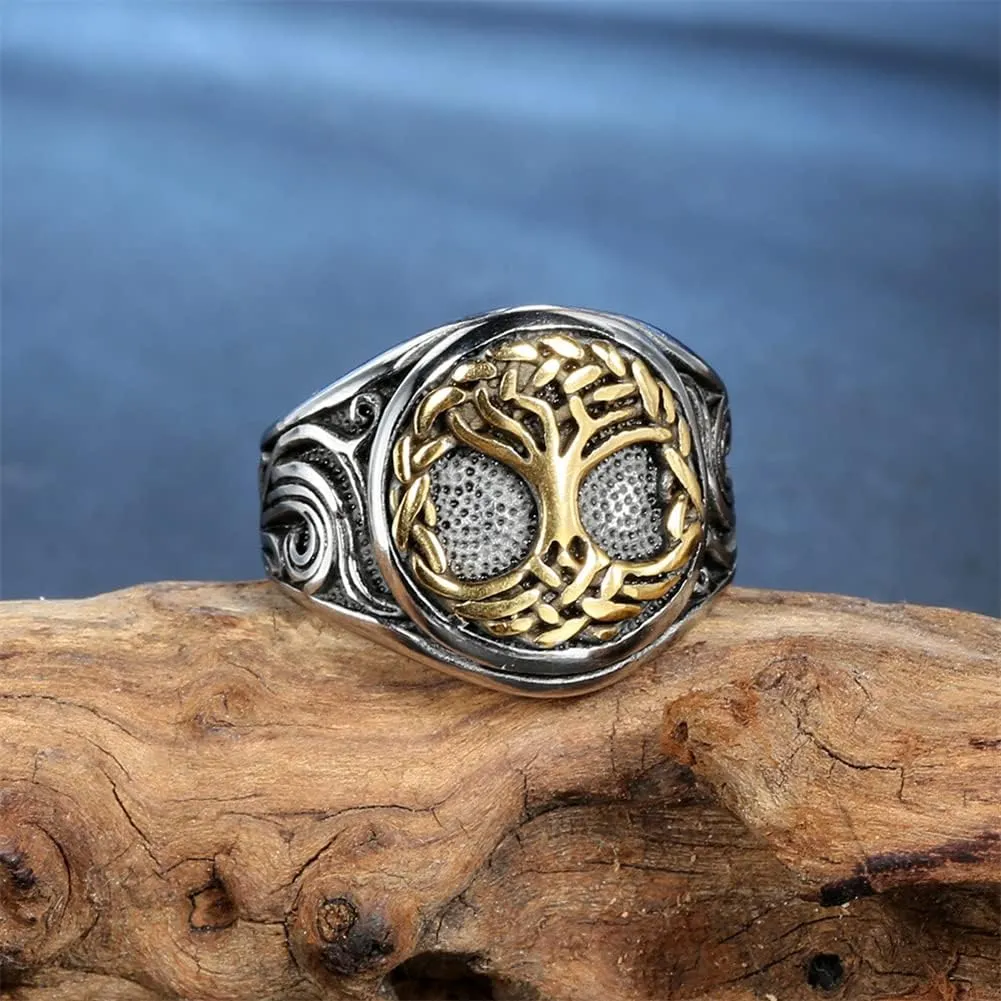 Men's Stainless Steel Vintage Tree of Life Signet Ring for Women Antique Silver Religious Jewelry