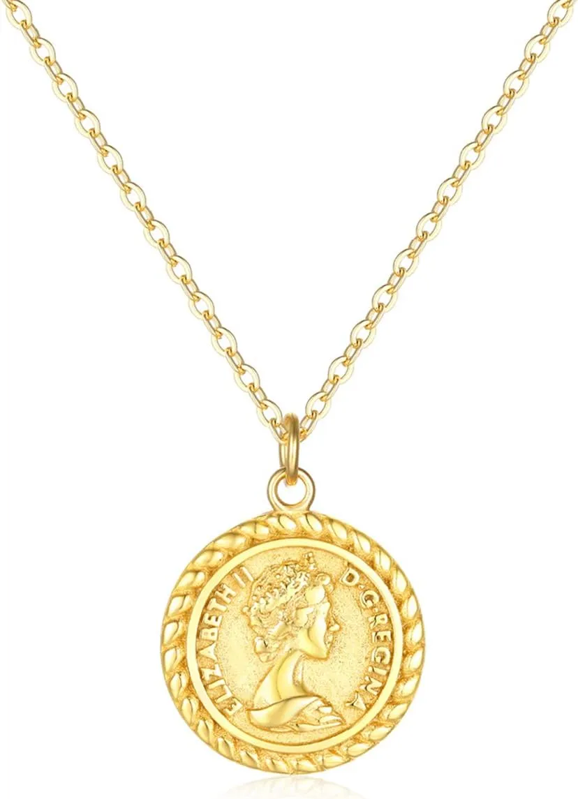 MEVECCO Carved Gold Coin Pendant Necklace for Women,18K Gold Plated Dainty Minimalist Necklace for Women