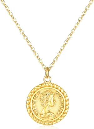 MEVECCO Carved Gold Coin Pendant Necklace for Women,18K Gold Plated Dainty Minimalist Necklace for Women
