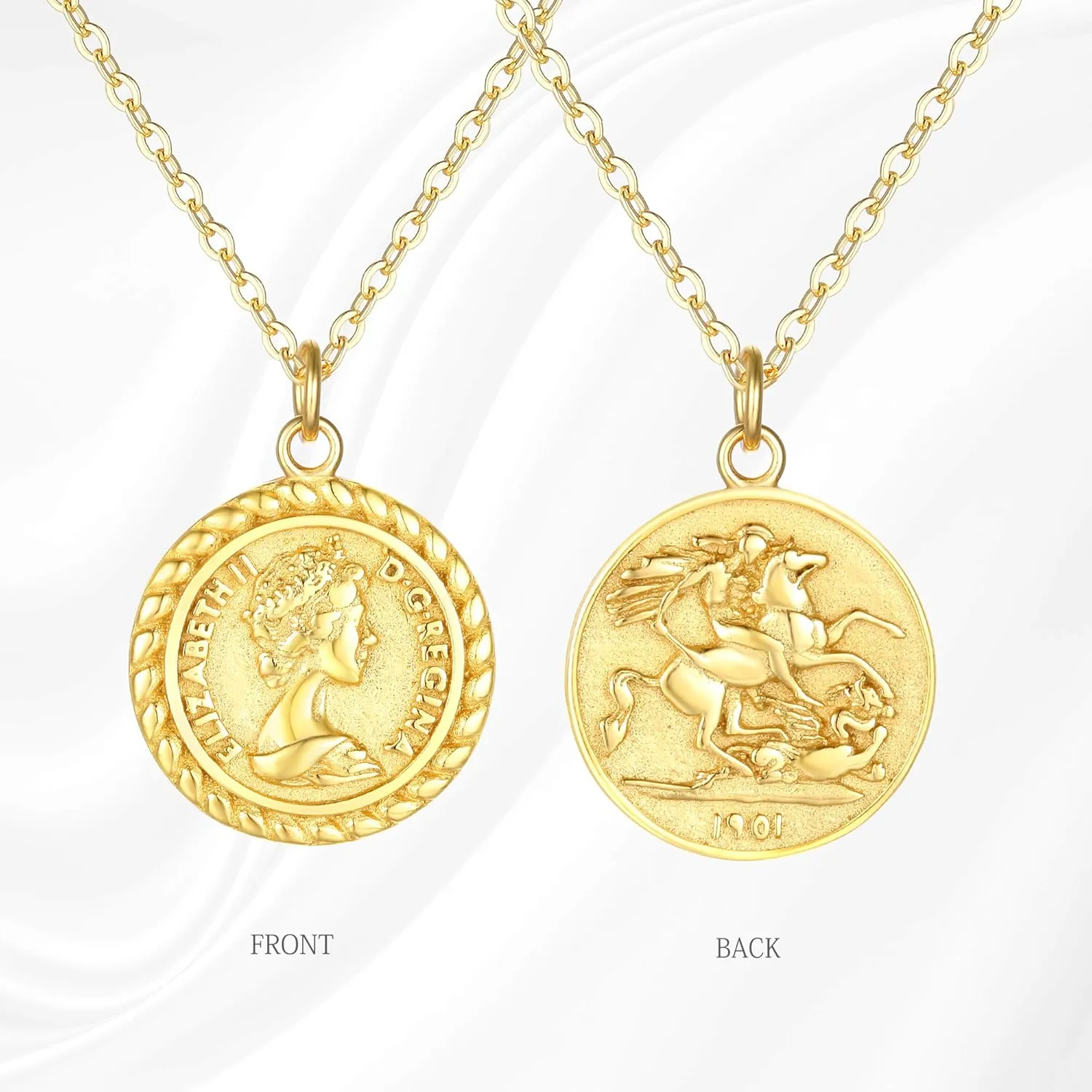 MEVECCO Carved Gold Coin Pendant Necklace for Women,18K Gold Plated Dainty Minimalist Necklace for Women