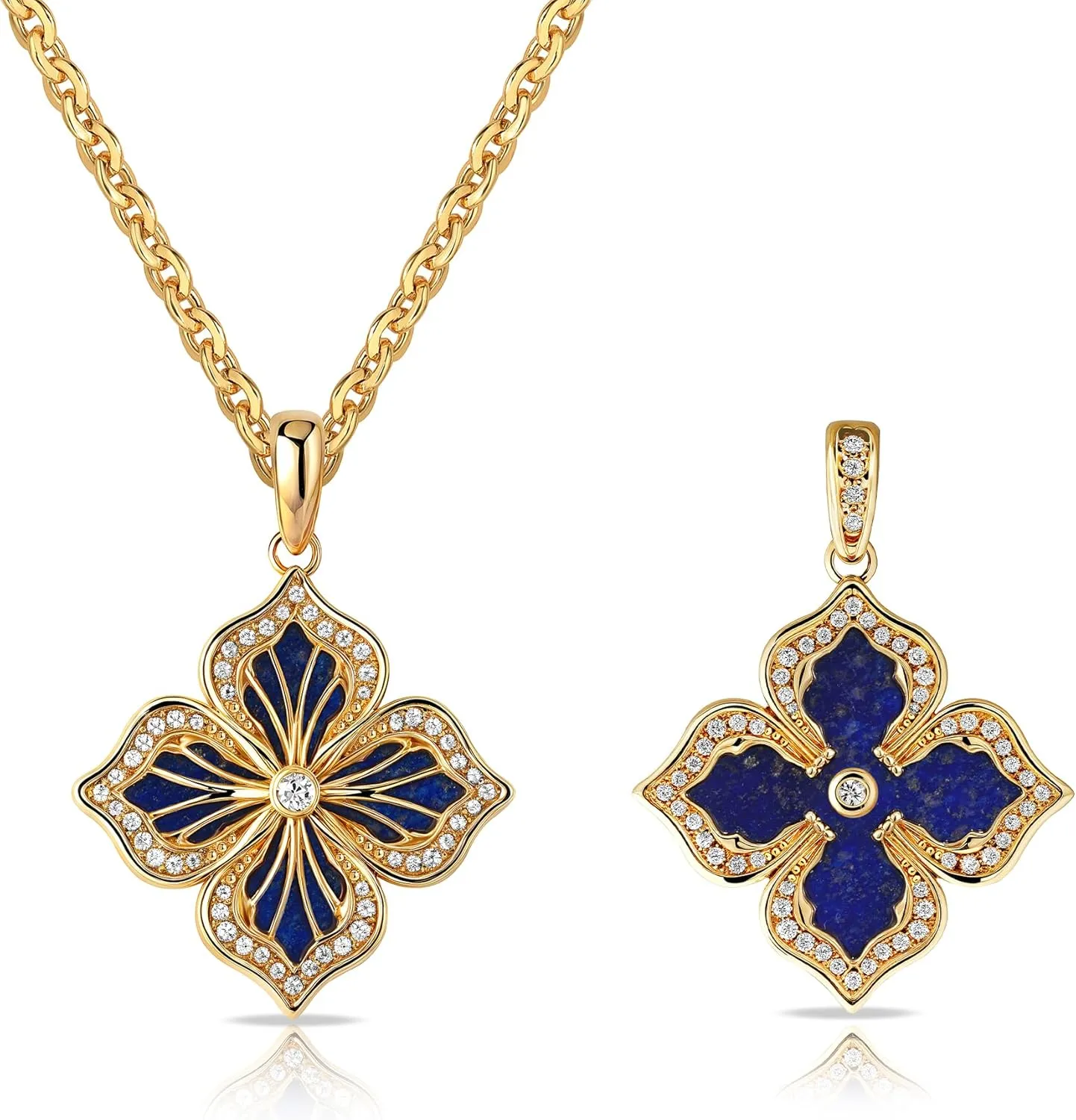 MEVECCO Gold Four Leaf Clover Necklace for Women 14K Gold Plated Clover Pendant Necklace Double Side With Diamond Vintage Filigree Flower Necklace Gift