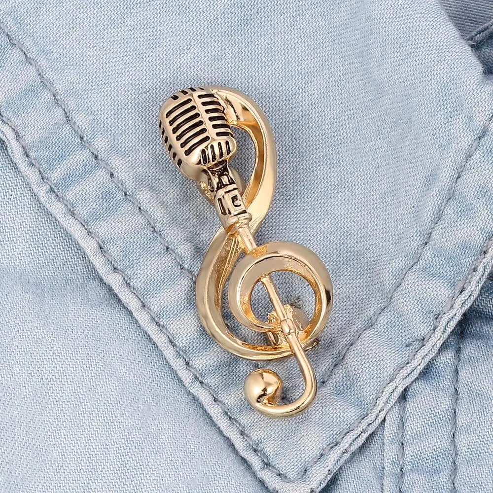 Microphone Music Note Brooch Pins Retro Rock Hip Pop Jewelry for Women Men