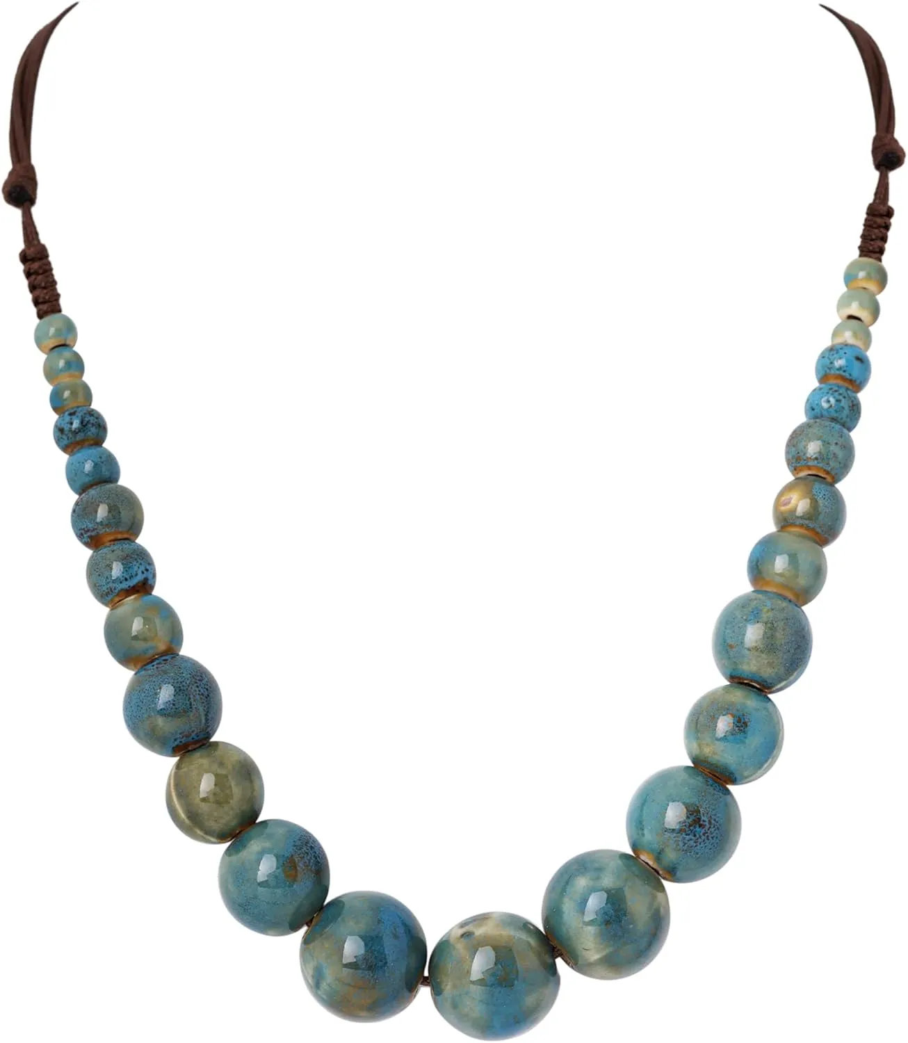MINACHI Blue Ceramic Round Bead Necklace, Retro Boho Long Necklace for Women