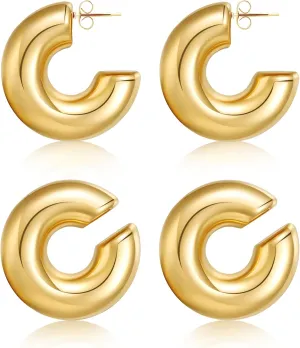 MISS RIGHT Chunky Gold Hoop Earrings and Ear Cuffs for Women Non Piercing, Hypoallergenic 18K Gold Plated Stainless Steel Thick Earrings Lightweight for Women Trendy Jewelry Gifts