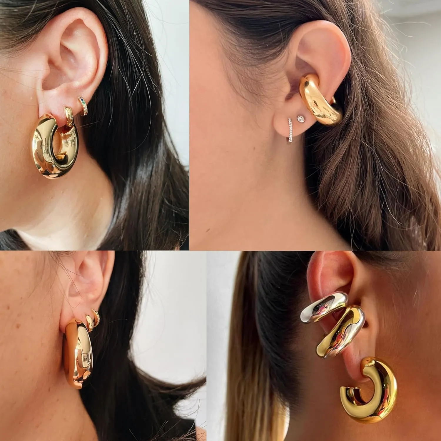 MISS RIGHT Chunky Gold Hoop Earrings and Ear Cuffs for Women Non Piercing, Hypoallergenic 18K Gold Plated Stainless Steel Thick Earrings Lightweight for Women Trendy Jewelry Gifts