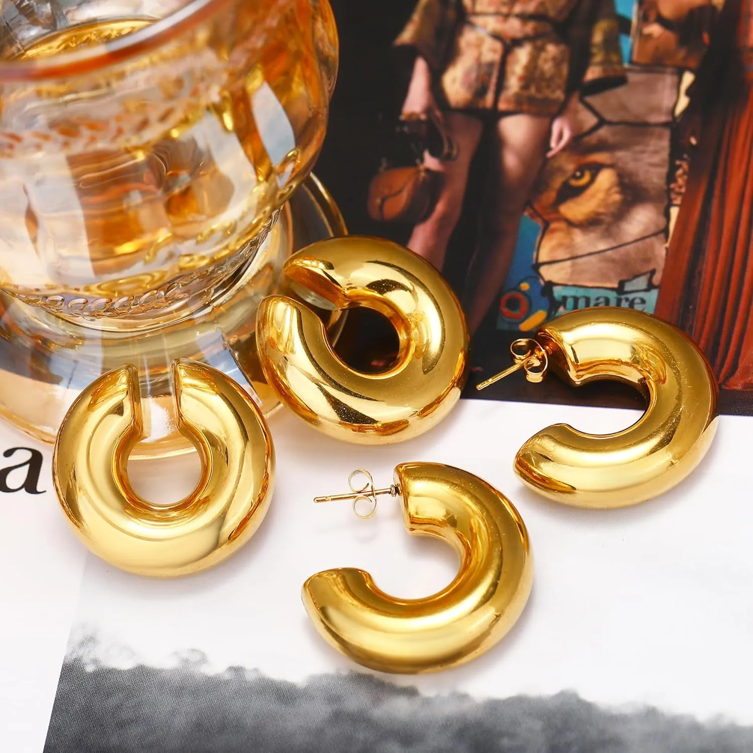 MISS RIGHT Chunky Gold Hoop Earrings and Ear Cuffs for Women Non Piercing, Hypoallergenic 18K Gold Plated Stainless Steel Thick Earrings Lightweight for Women Trendy Jewelry Gifts