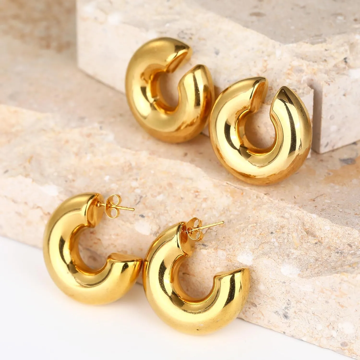 MISS RIGHT Chunky Gold Hoop Earrings and Ear Cuffs for Women Non Piercing, Hypoallergenic 18K Gold Plated Stainless Steel Thick Earrings Lightweight for Women Trendy Jewelry Gifts