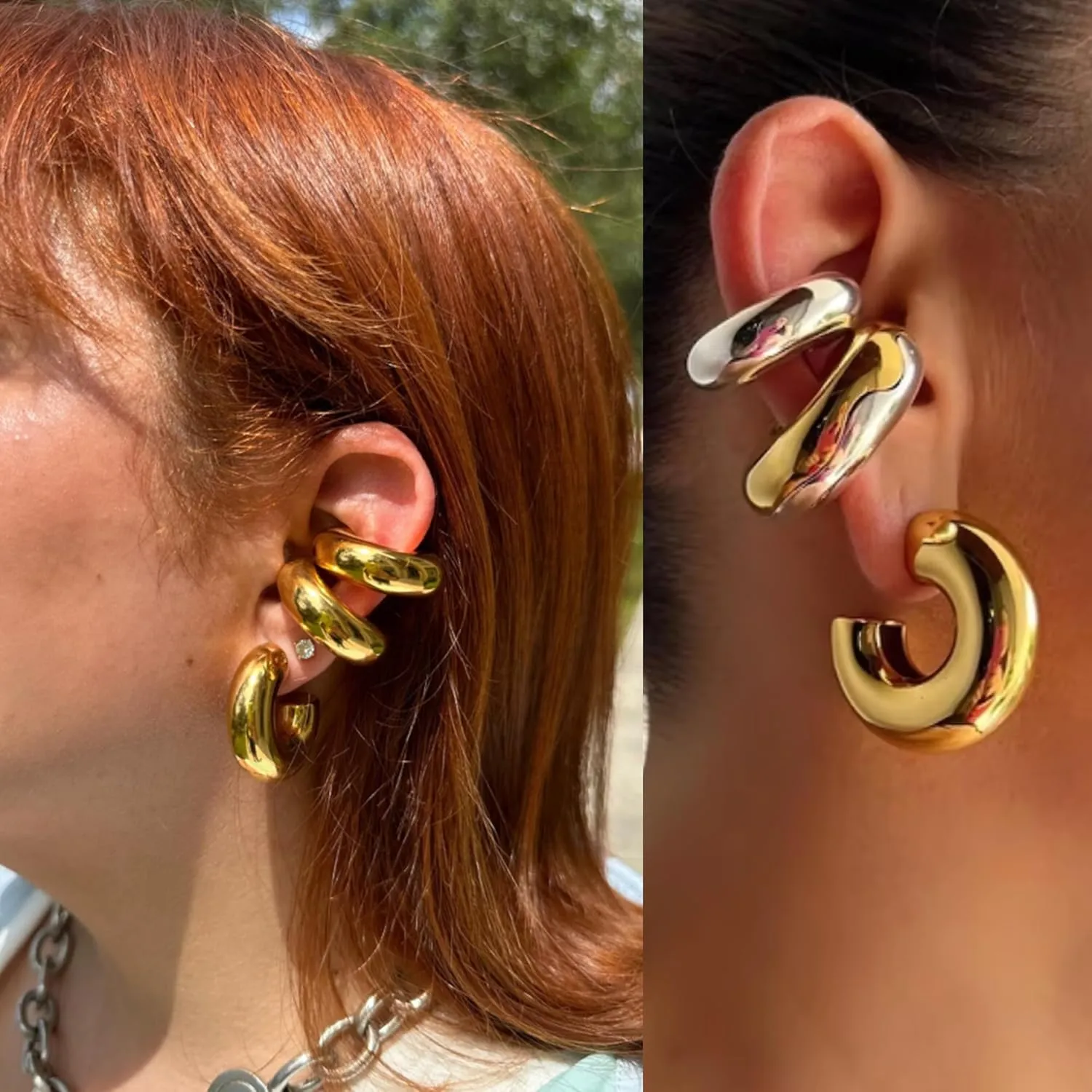 MISS RIGHT Chunky Gold Hoop Earrings and Ear Cuffs for Women Non Piercing, Hypoallergenic 18K Gold Plated Stainless Steel Thick Earrings Lightweight for Women Trendy Jewelry Gifts