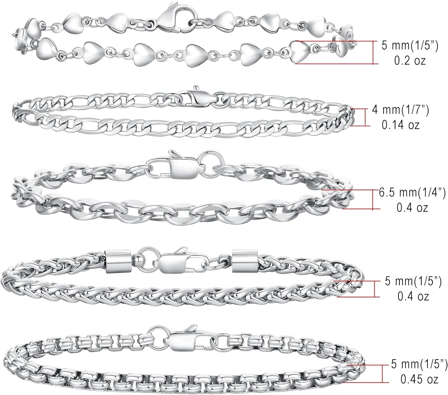 mnmoom 5 Pcs Chain Bracelets for Men Women - Sturdy Stainless Steel Figaro Curb Cuban Link Chain Bracelet Set for Men Women,6.5/7.5/8.5 Inches