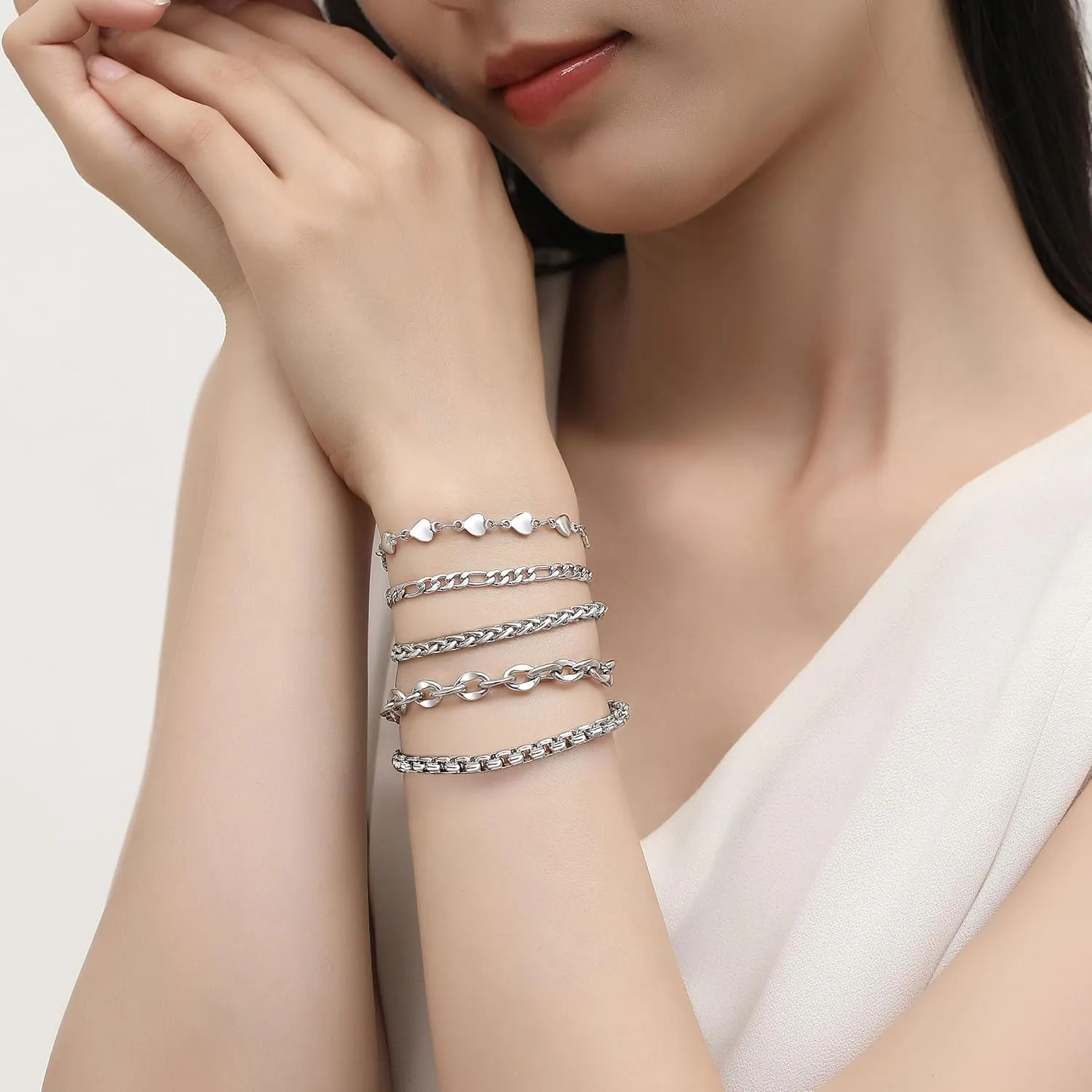 mnmoom 5 Pcs Chain Bracelets for Men Women - Sturdy Stainless Steel Figaro Curb Cuban Link Chain Bracelet Set for Men Women,6.5/7.5/8.5 Inches
