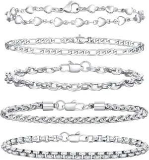 mnmoom 5 Pcs Chain Bracelets for Men Women - Sturdy Stainless Steel Figaro Curb Cuban Link Chain Bracelet Set for Men Women,6.5/7.5/8.5 Inches