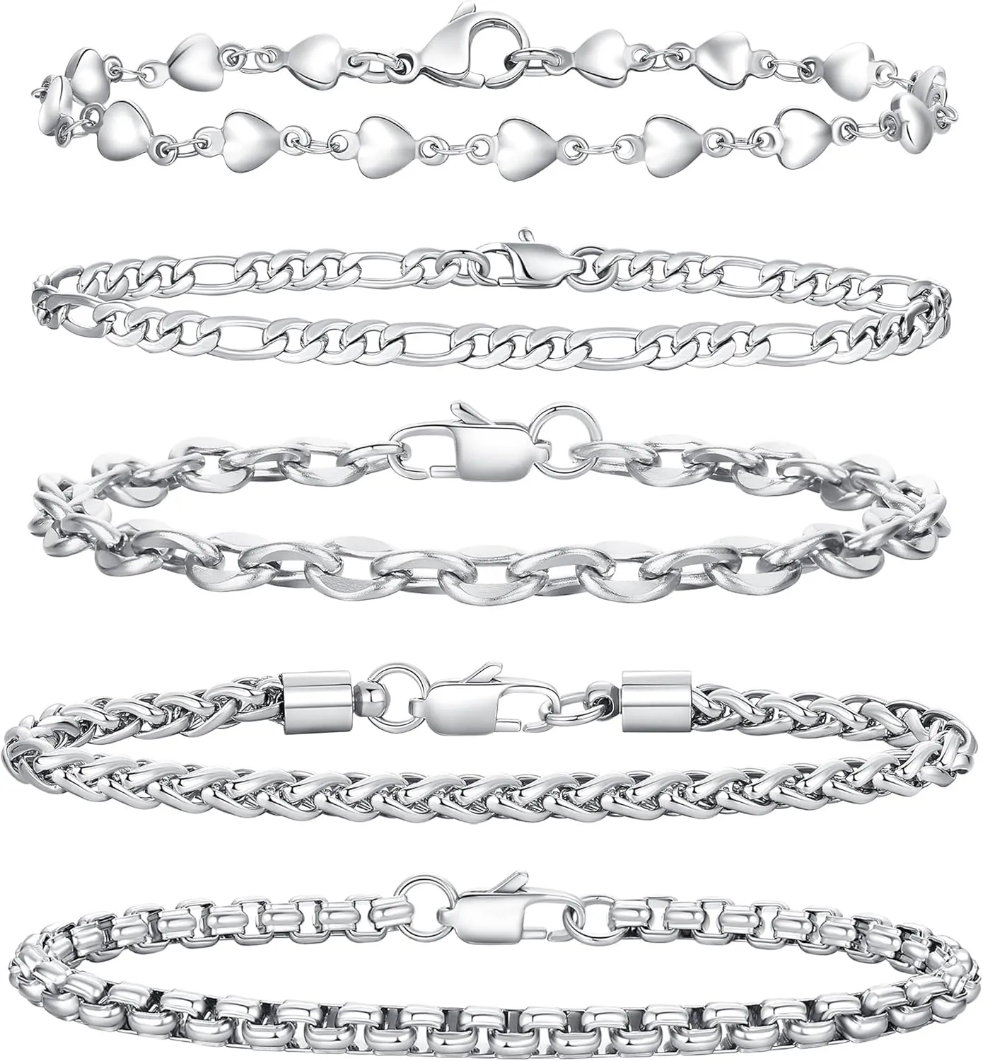 mnmoom 5 Pcs Chain Bracelets for Men Women - Sturdy Stainless Steel Figaro Curb Cuban Link Chain Bracelet Set for Men Women,6.5/7.5/8.5 Inches