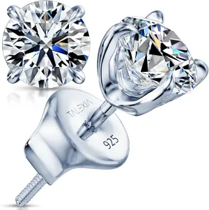 Moissanite Earrings Studs for Women & Men, Hypoallergenic, Max Brilliance 18K White Gold Rhodium Plated, VVS1 925 Silver Moissanite Diamond Earrings Push & Screw Back 1ct,2ct Mothers Day Gift