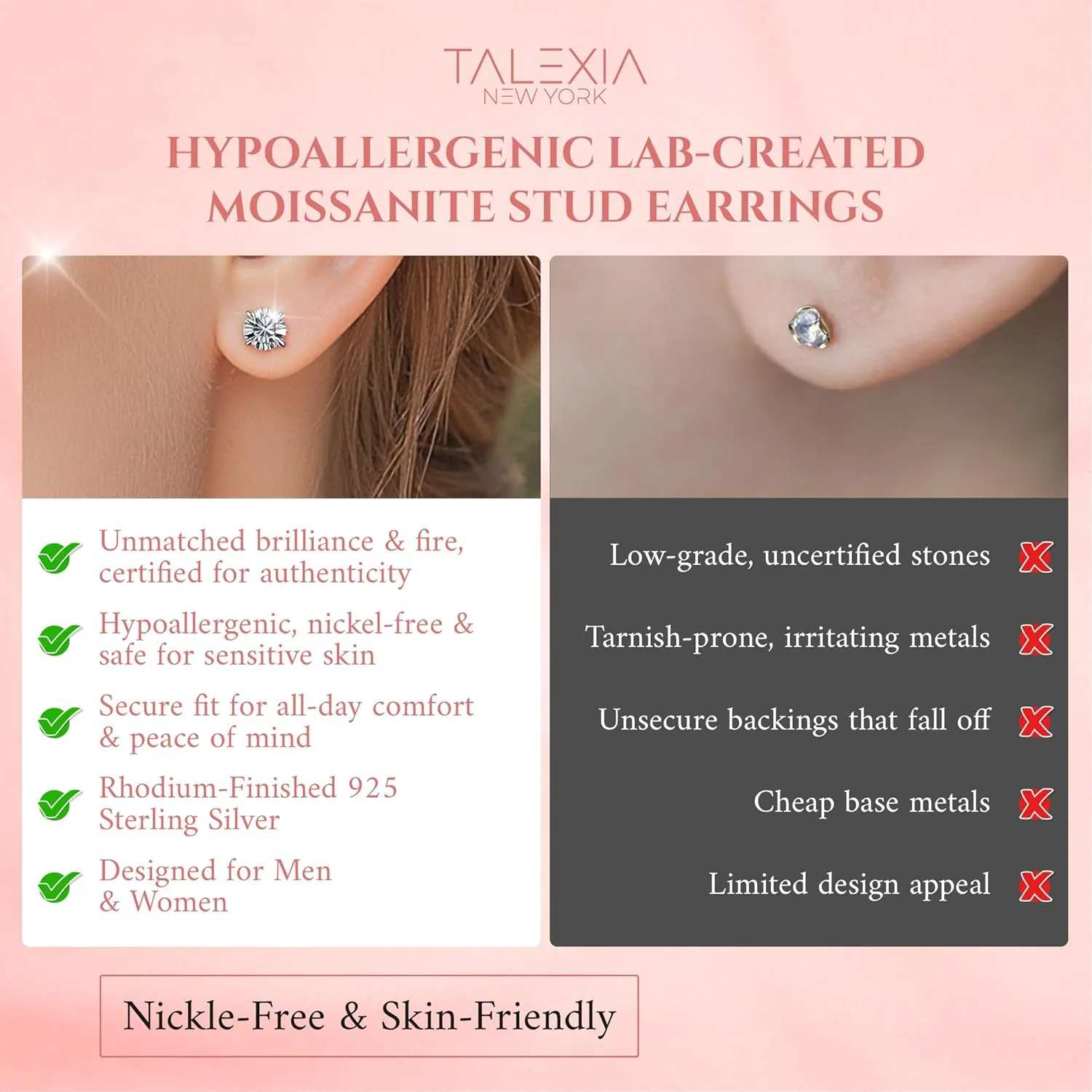 Moissanite Earrings Studs for Women & Men, Hypoallergenic, Max Brilliance 18K White Gold Rhodium Plated, VVS1 925 Silver Moissanite Diamond Earrings Push & Screw Back 1ct,2ct Mothers Day Gift